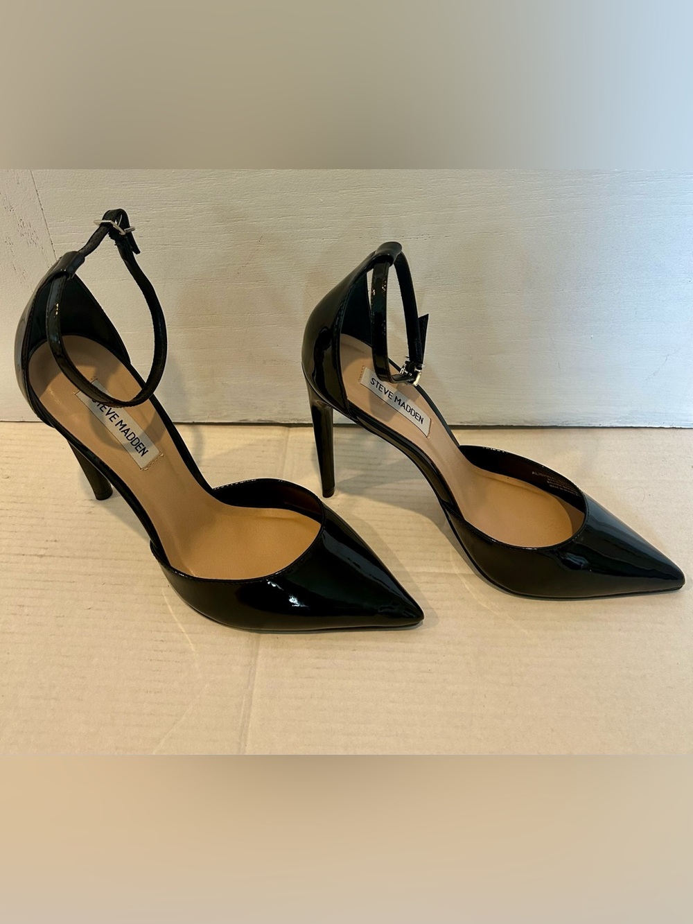 Steve Madden Black Patent Pointed-Toe Ankle-Strap Heels